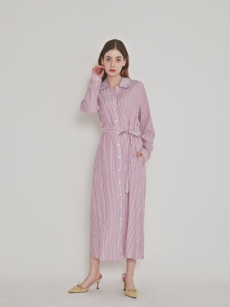 [롱/미디 선택] Pink stripe silky 3-way shirt dress