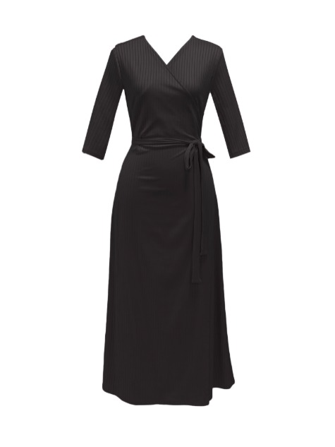 [100~132cm맞춤] Silky pleats jersey wrap dress - jet black