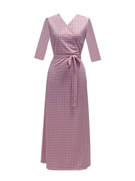 [100~132cm맞춤] Matte pleats jersey wrap dress - pink gingham