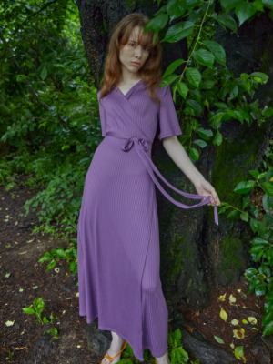 [100~132cm맞춤] Silky pleats jersey wrap dress - lavender