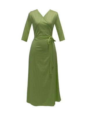 [100~132cm맞춤] Silky pleats jersey wrap dress - natural green